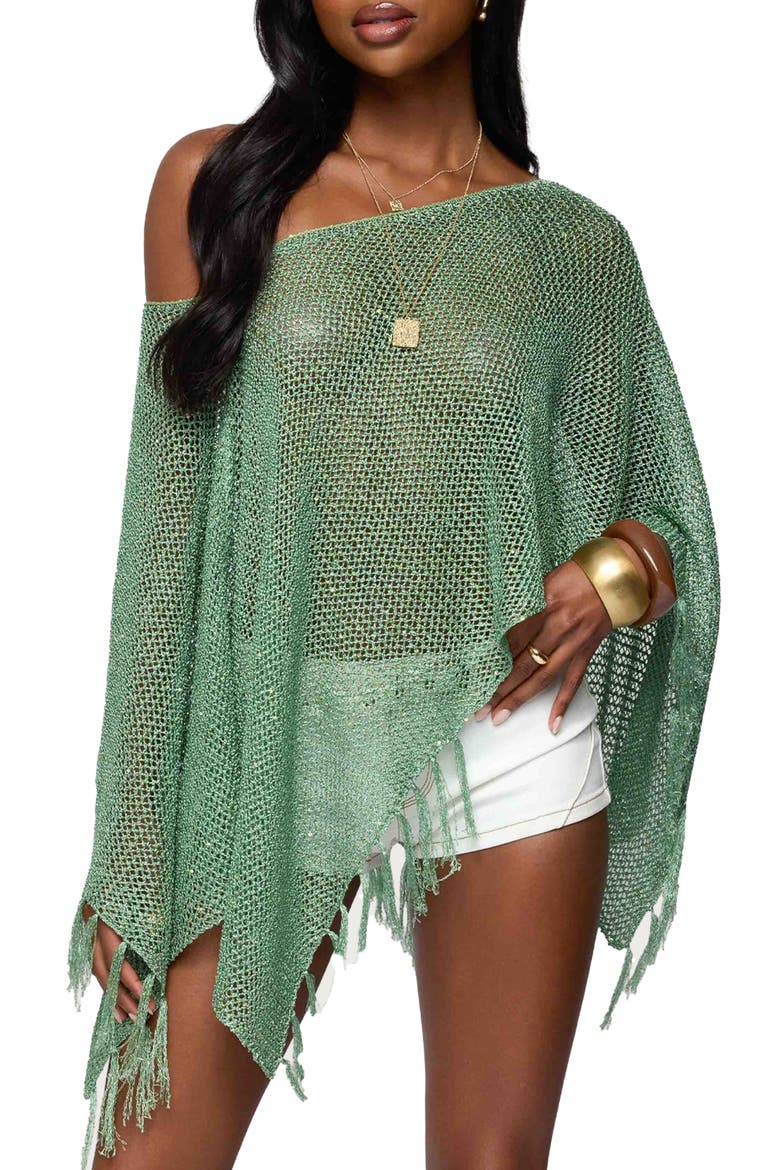 Sequin Fringe Knit Poncho, Main, color, GREEN