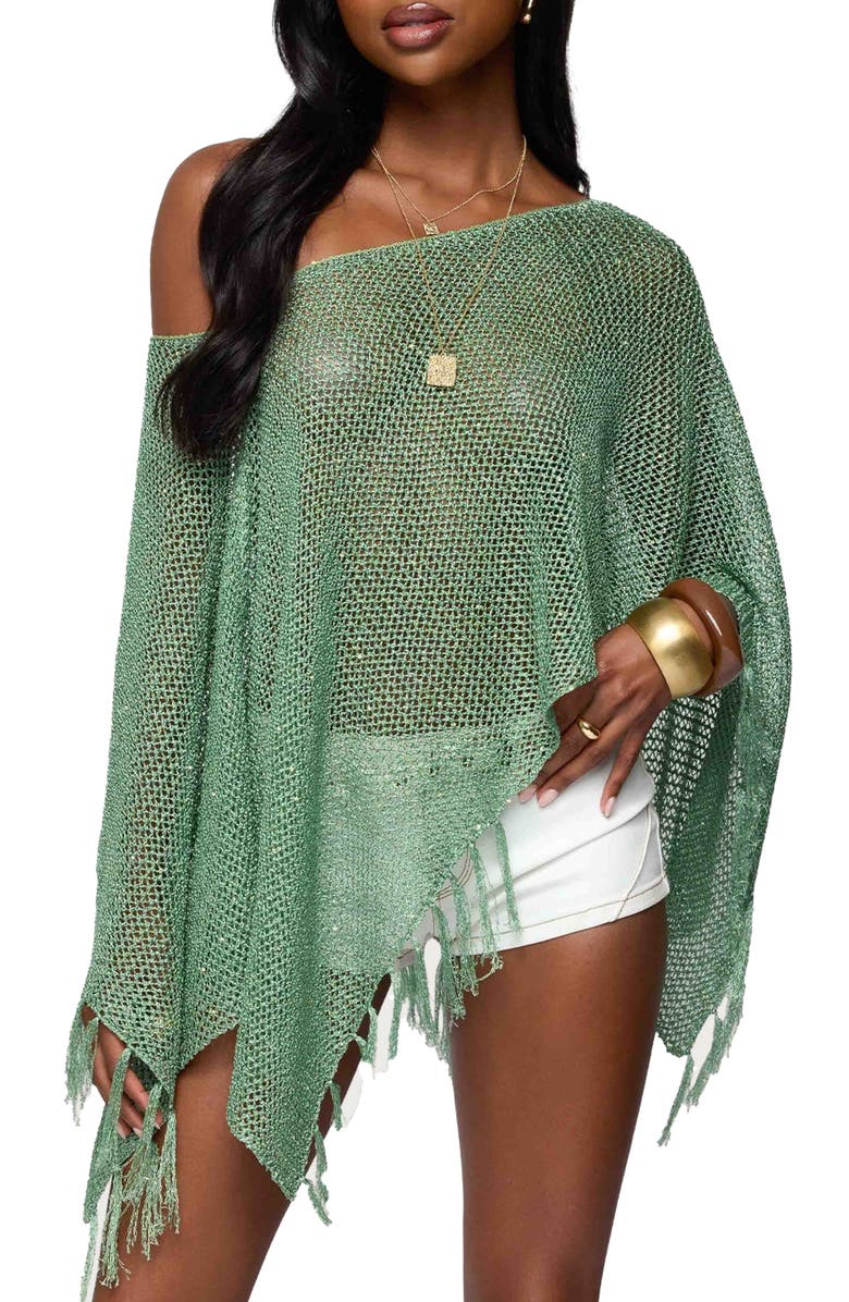 EDIKTED Sequin Fringe Knit Poncho, Main, color, Green