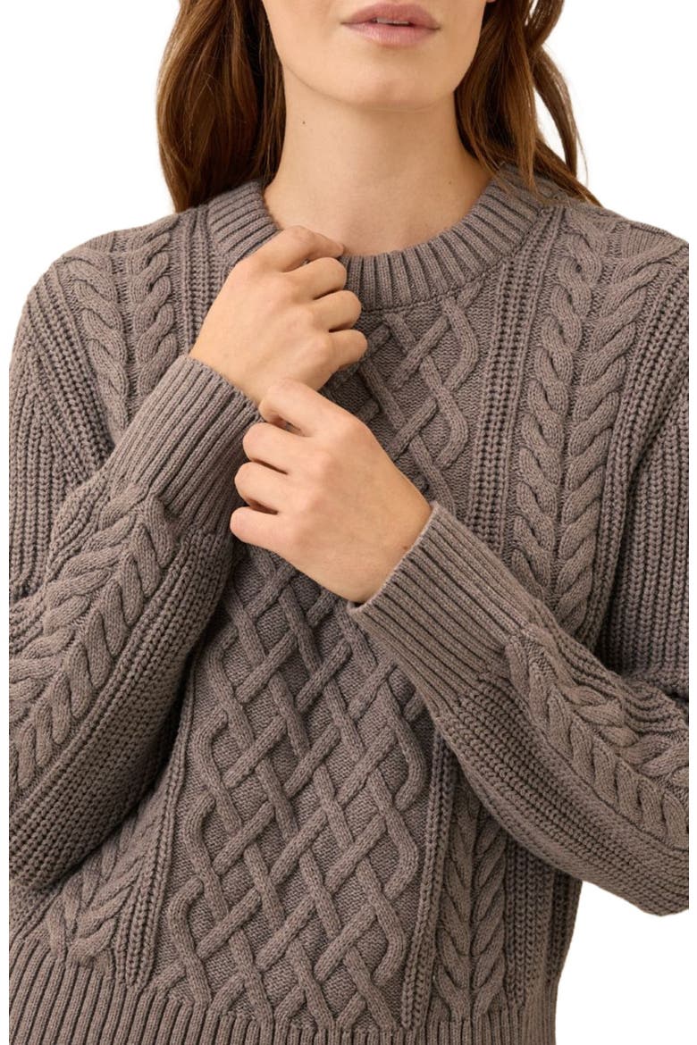 Organic Cotton Cable Knit Crew Sweater, Alternate, color, Deep Taupe Heather