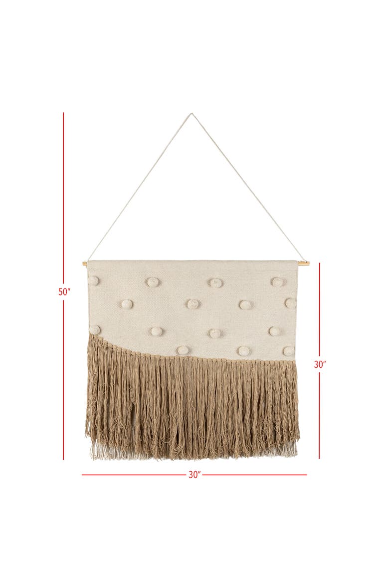 Hand Woven with Poms and Fringe Wall Art Cotton & Wood Dowel, Alternate, color, White