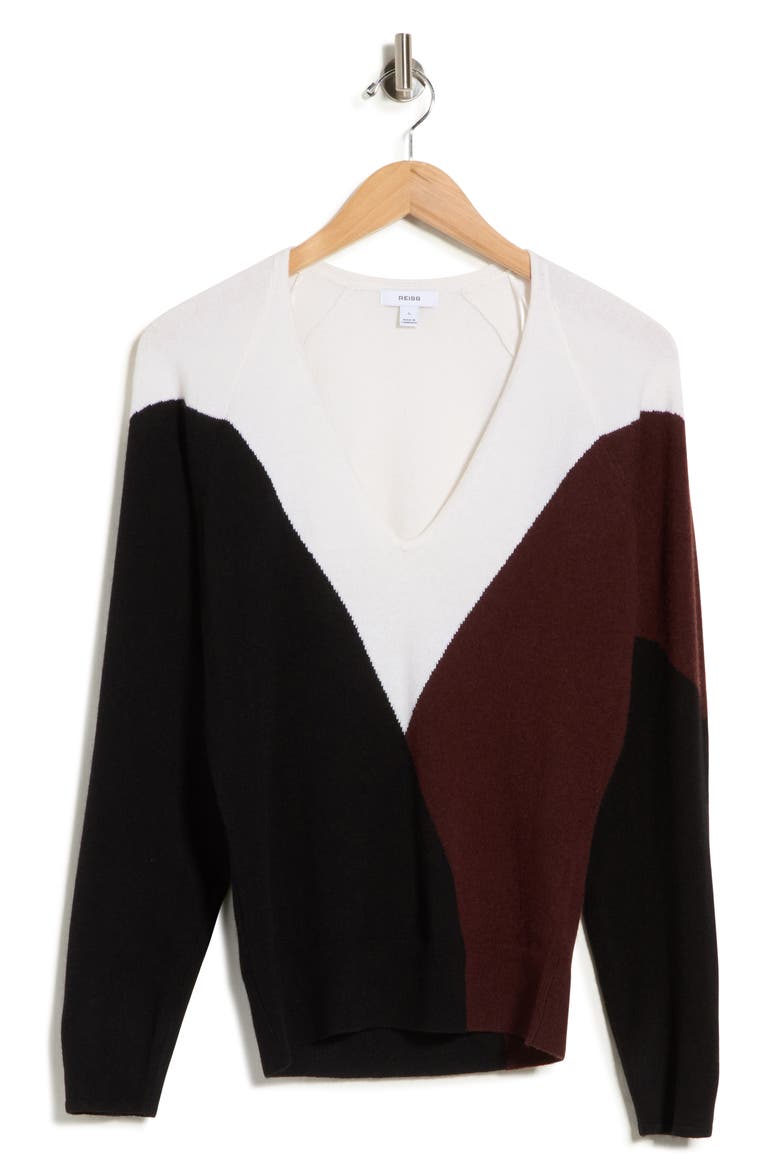 June Colorblocked V-Neck Sweater, Alternate, color, BLACK/ BURGUNDY/WHITE