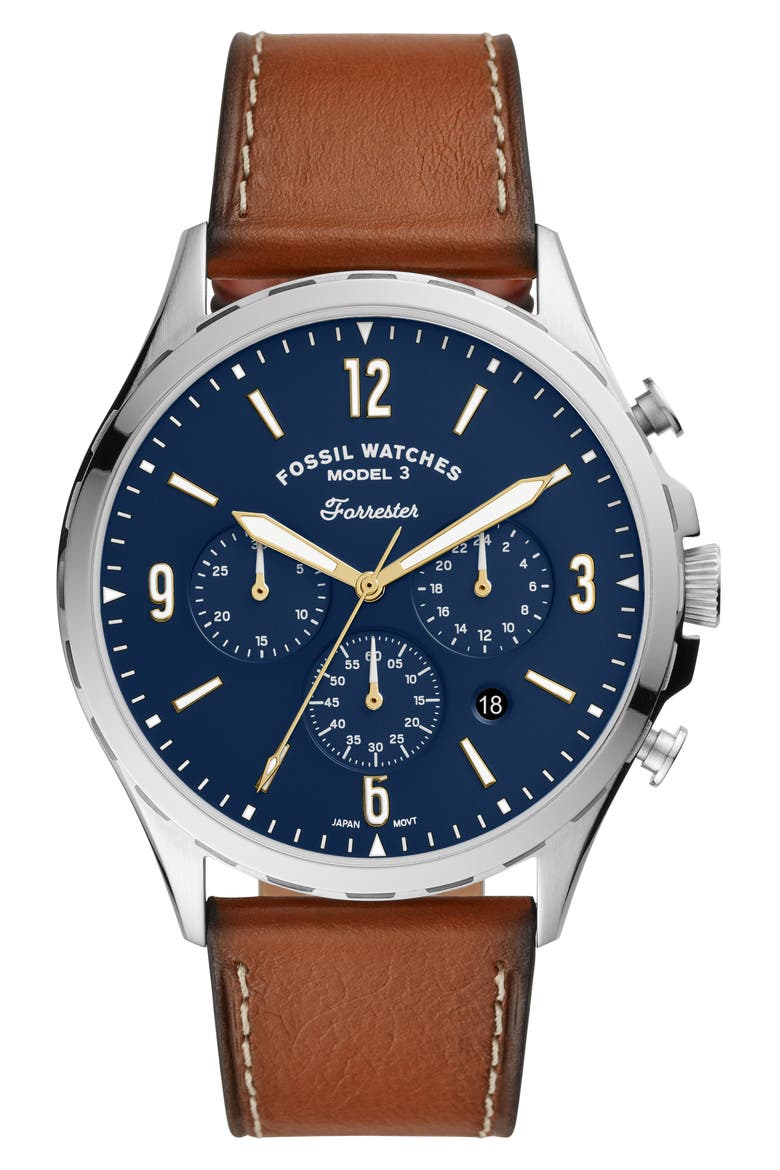 Forrester Chronograph Leather Strap Watch, 46mm, Main, color, BROWN/ BLUE/ SILVER