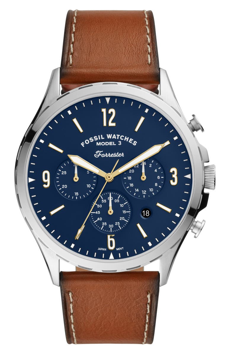 Fossil Forrester Chronograph Leather Strap Watch, 46mm, Main, color,