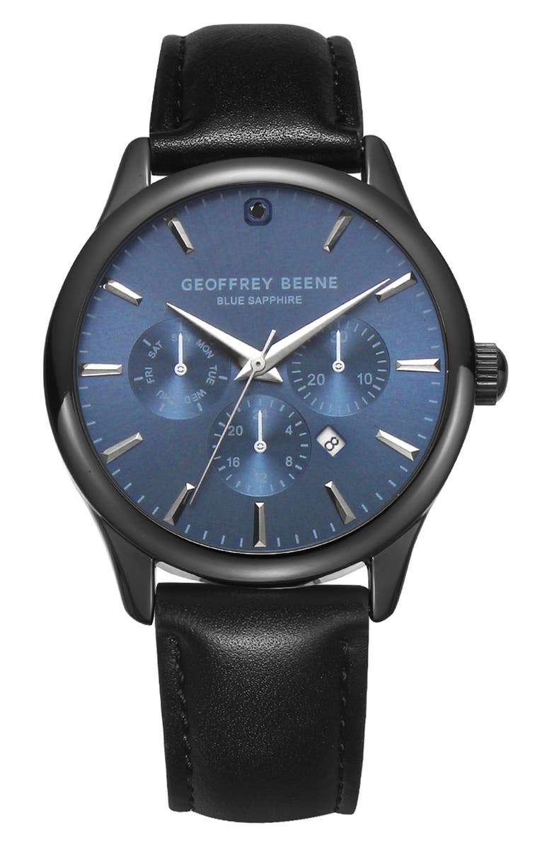 GEOFFREY BEENE Genuine Blue Sapphire Leather Strap Watch, 41mm, Main, color,
