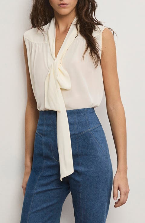 Magnolia Tie Neck Sleeveless Button-Up Shirt