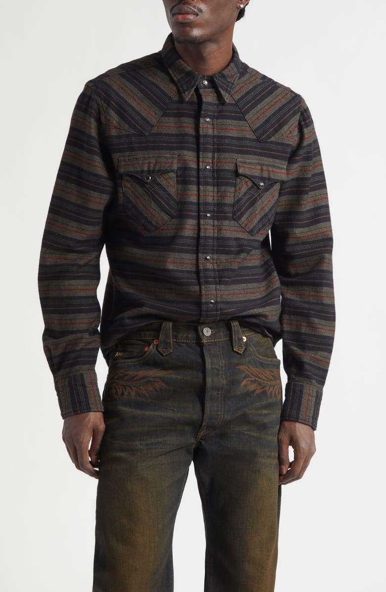 Double RL Slim Fit Plaid Twill Western Shirt, Main, color, Dark Navy Multi