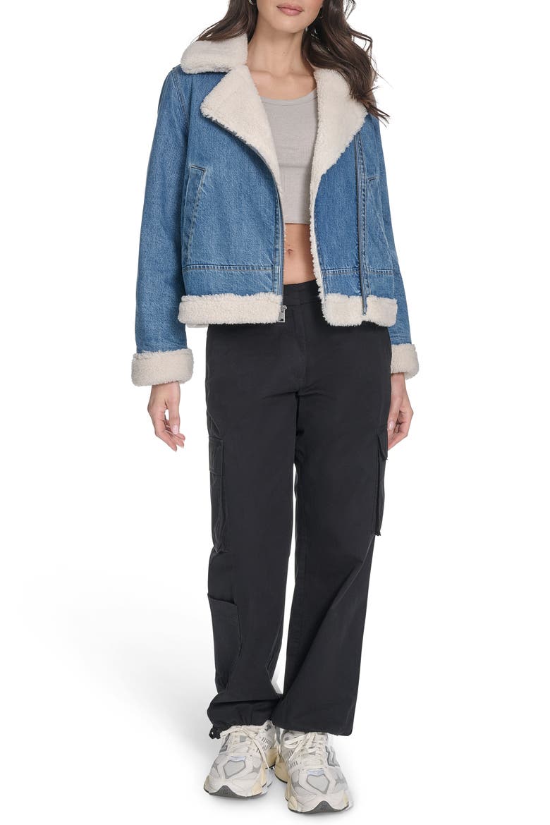 Faux Shearling Lined Denim Moto Jacket, Alternate, color, MEDIUM WASH DENIM