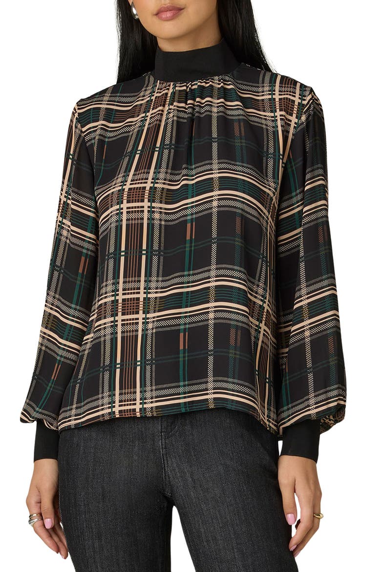 Plaid Mock Neck Top, Main, color, BLACK/ GREEN MULTI