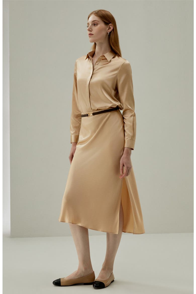 Women's Basic Concealed Placket Silk Shirt, Alternate, color, Light Camel
