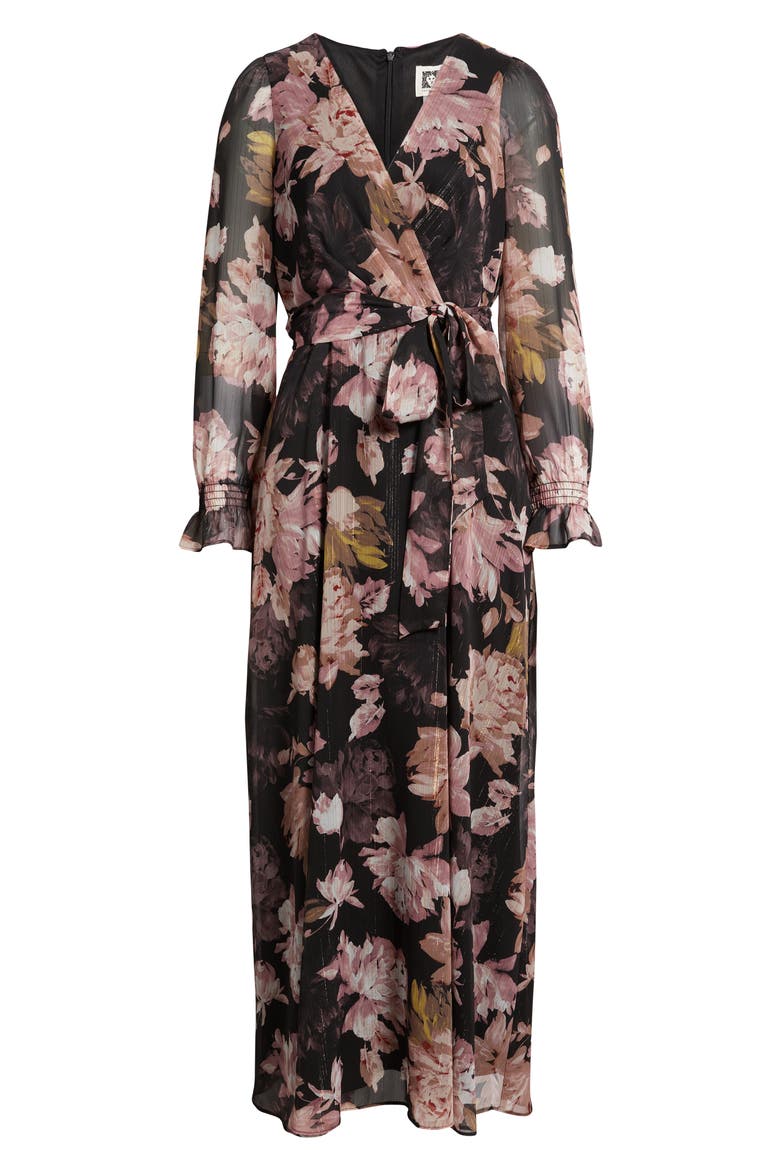 Metallic Floral Print Long Sleeve Faux Wrap Maxi Dress, Alternate, color, ANNE BLACK MULTI