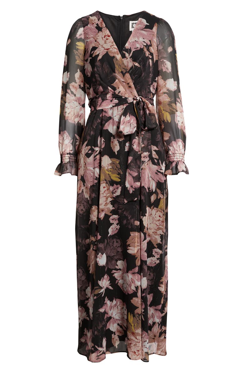 Anne Klein Metallic Floral Print Long Sleeve Faux Wrap Maxi Dress, Alternate, color, Anne Black Multi