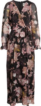 Anne Klein Metallic Floral Print Long Sleeve Faux Wrap Maxi Dress