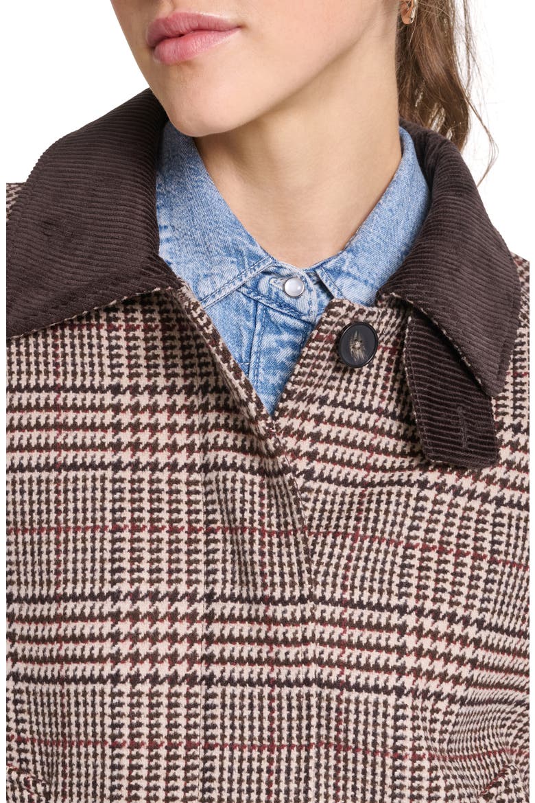 Corduroy Collar Houndstooth Plaid Short Mac Jacket, Alternate, color, BROWN PLAID MULTI