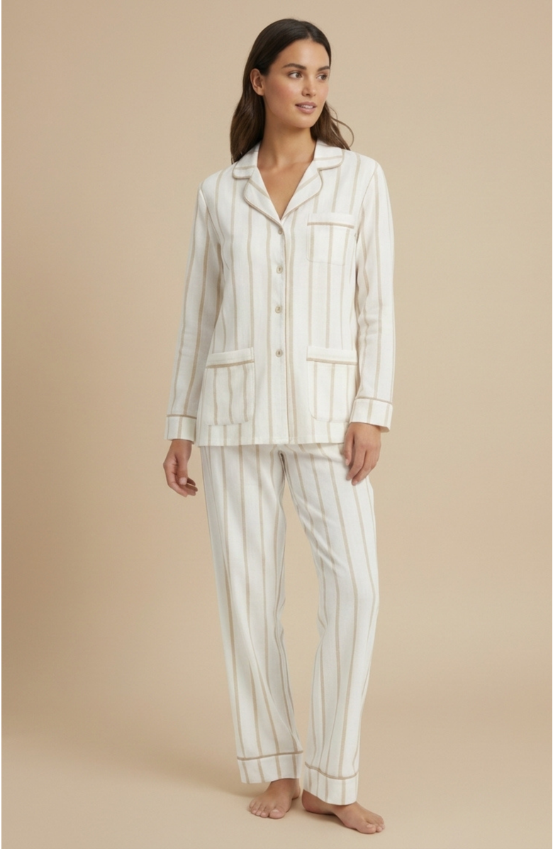 KIP Luxe Stretch Cotton Pinstripe Pajama Set, Main, color, Champagne