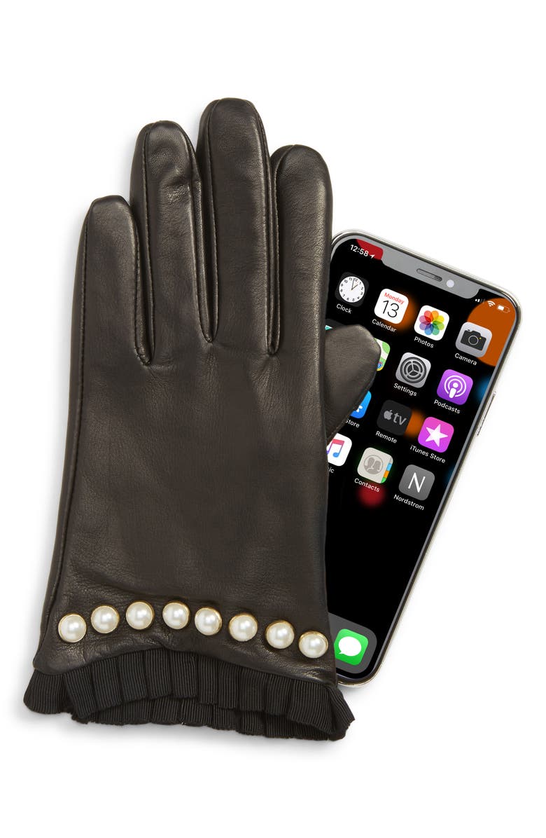 Echo Imitation Pearl Trim Leather Touchscreen Gloves, Alternate, color, 