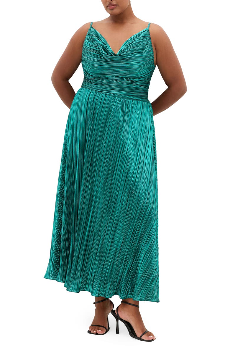 Kamila Plissé Metallic Sleeveless Maxi Dress, Main, color, EMERALD