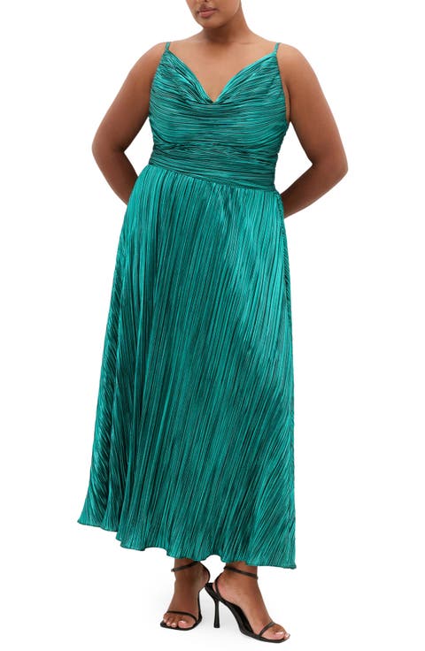 Kamila Plissé Metallic Sleeveless Maxi Dress (Plus)