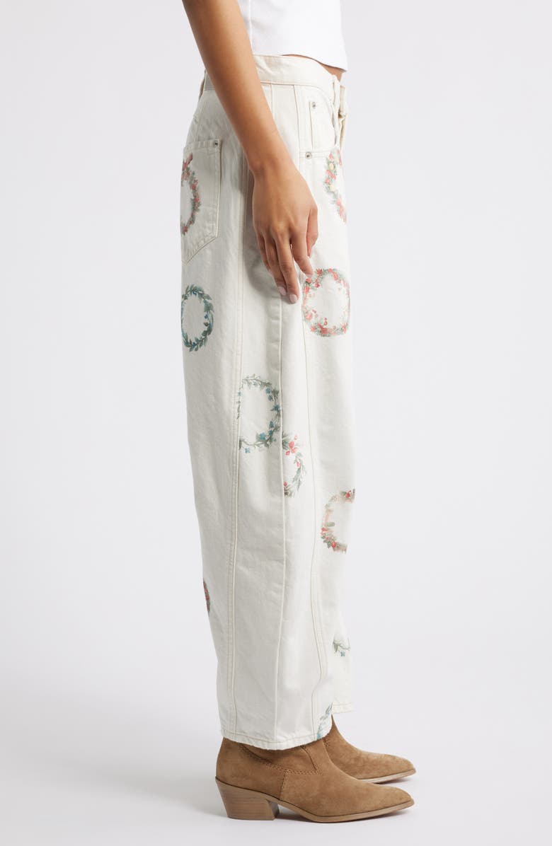 Free People Good Luck Floral Print Barrel Jeans, Alternate, color, Watercolor Wreath