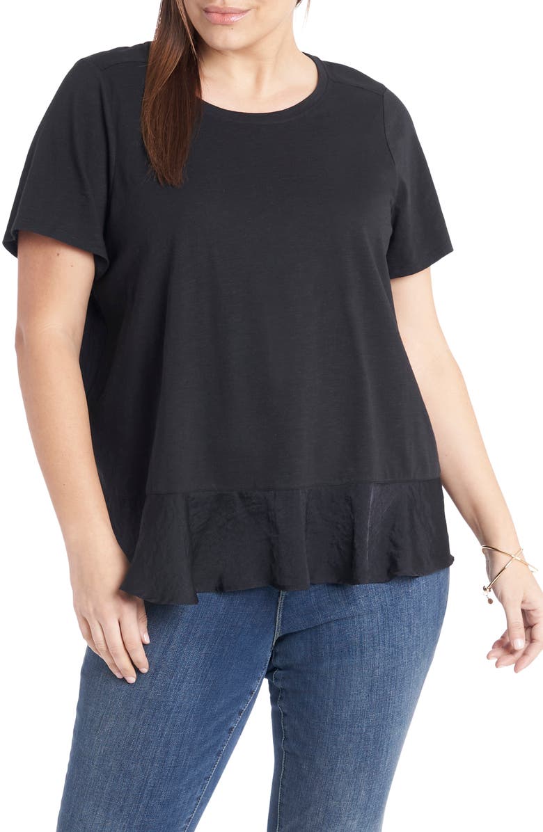 Vince Camuto Mixed Media Knit & Woven Top, Main, color,