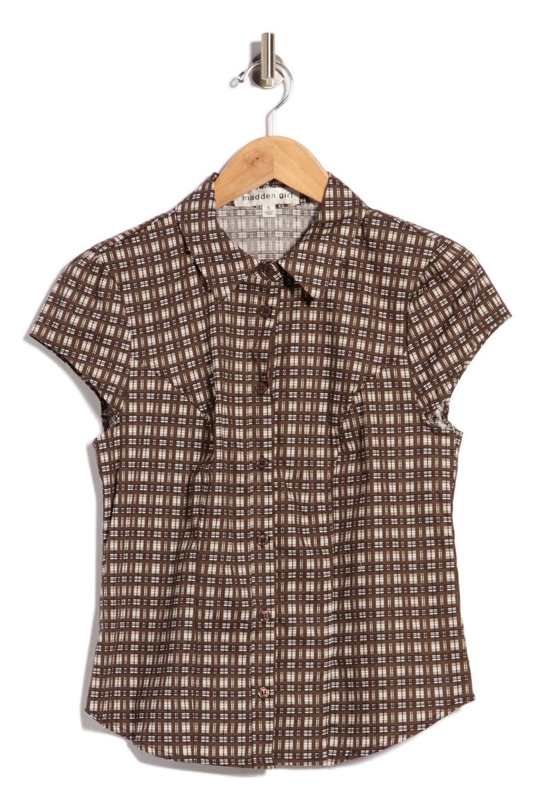 Puff Sleeve Button-Up Shirt, Main, color, BROWN COMBO