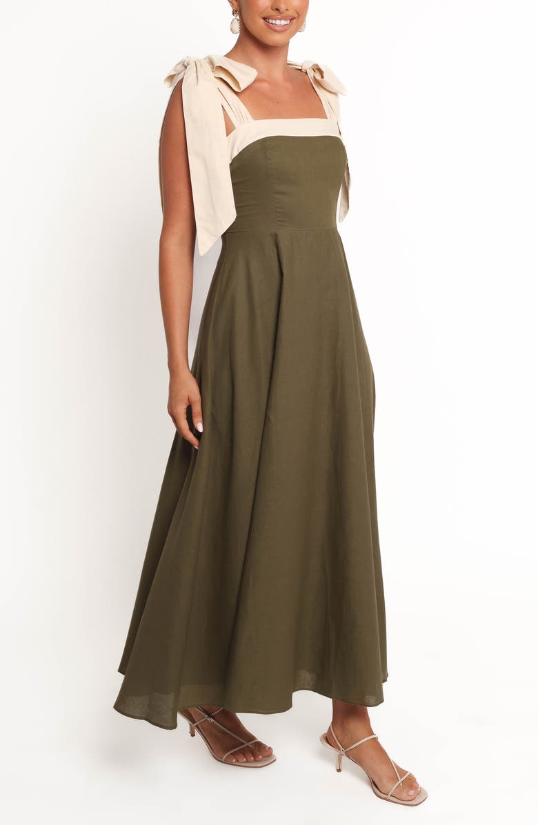 Petal & Pup Olinda Bow Strap Cotton & Linen Maxi Dress, Alternate, color, Olive