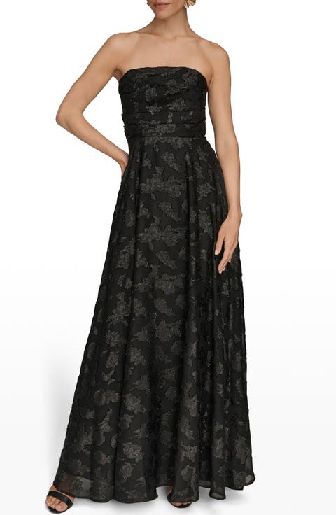 Ruched Metallic Strapless Gown