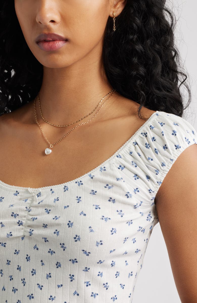 BP. Pointelle Cap Sleeve Top, Alternate, color, Ivory- Blue S Rosette Ditsy