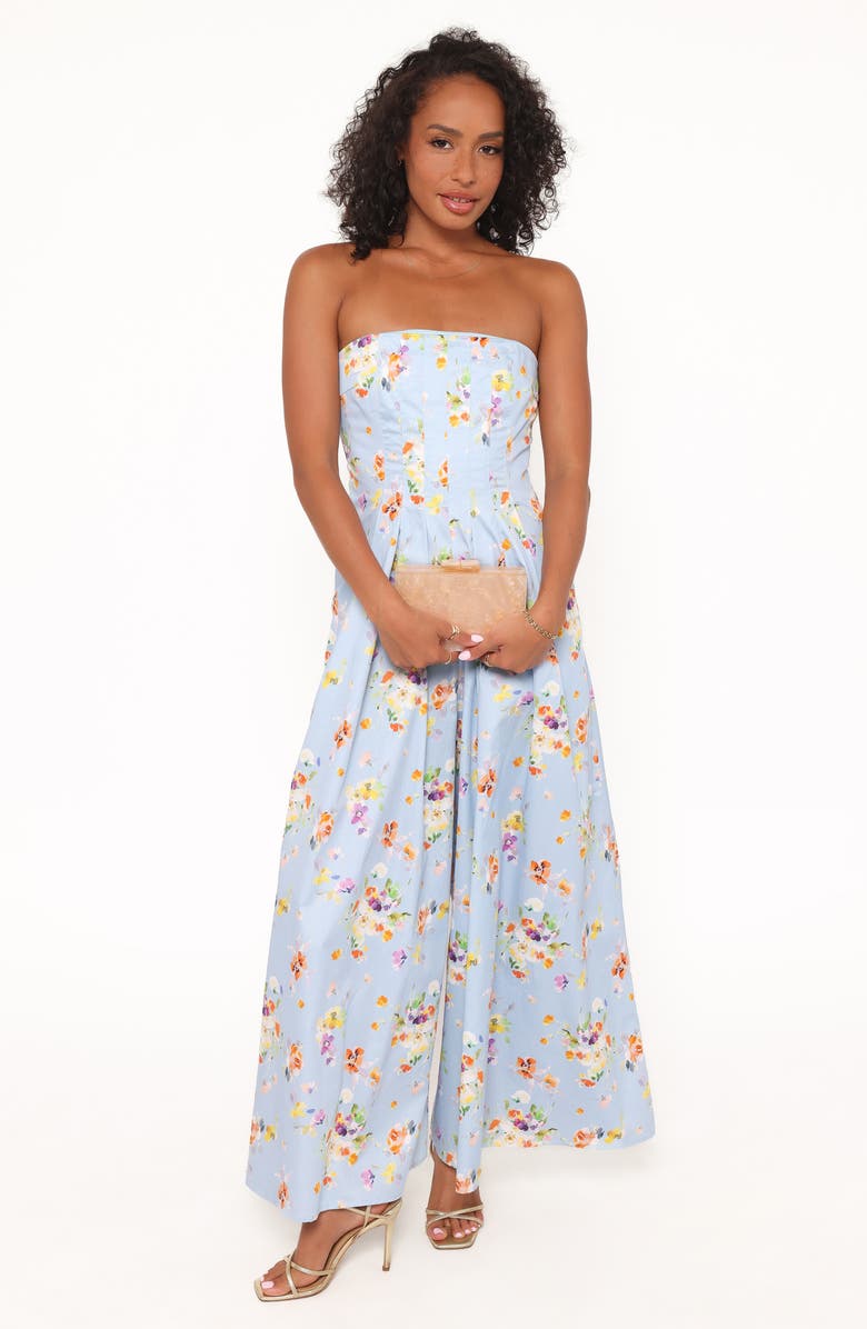 Petal & Pup Wren Floral Strapless Wide Leg Cotton Jumpsuit, Alternate, color, Cornflower Blue Floral