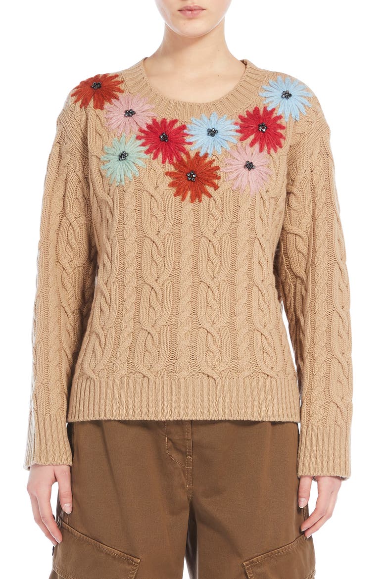 Sasia Beaded Floral Detail Virgin Wool Blend Sweater, Main, color, CAMEL