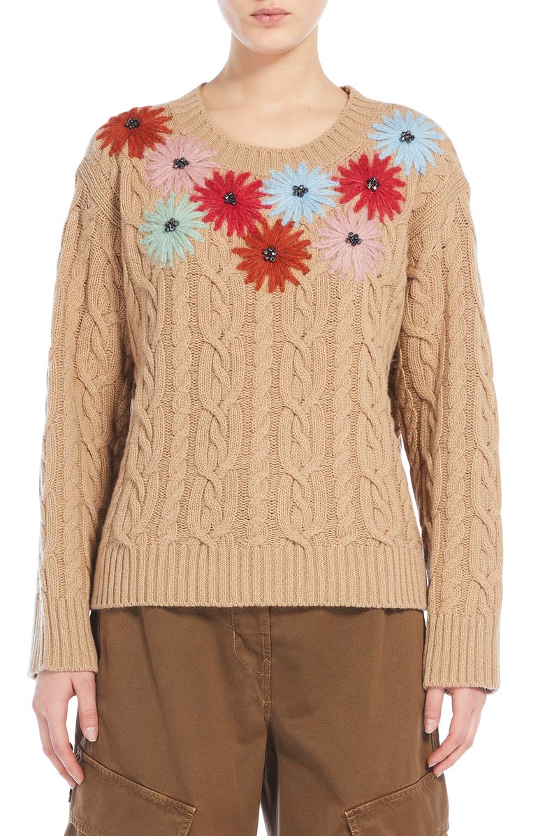 Weekend Max Mara Sasia Beaded Floral Detail Virgin Wool Blend Sweater, Main, color,