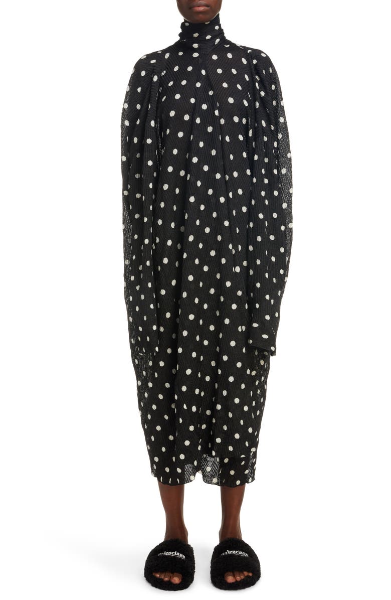 Balenciaga Balenciga Long Sleeve Polka Dot Creased Rib Dress, Main, color, 