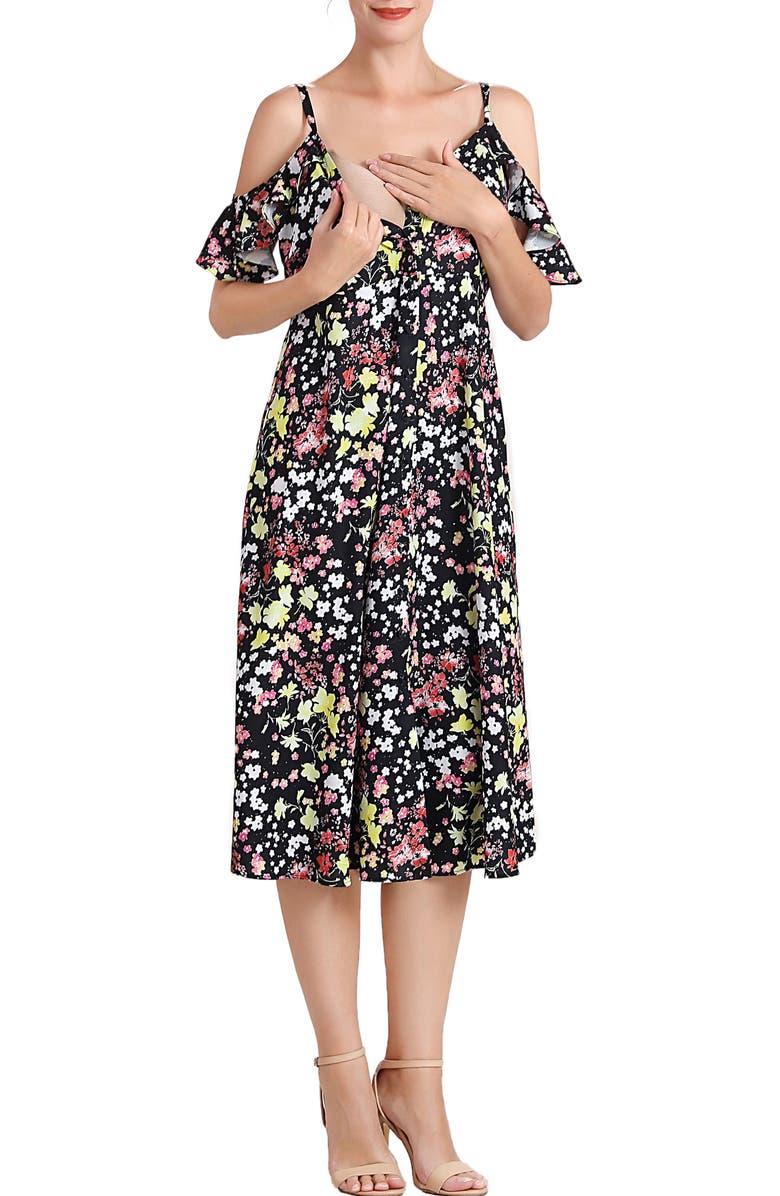 Kimi and Kai Esme Floral Cold Shoulder Button Front Maternity Dress, Alternate, color, 