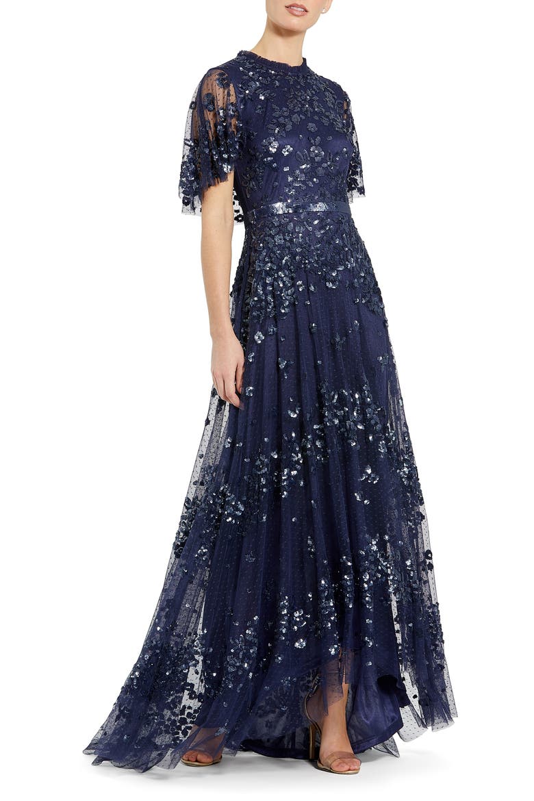 Sequined High Neck Flutter Sleeve A Line Gown, Main, color, MIDNIGHT