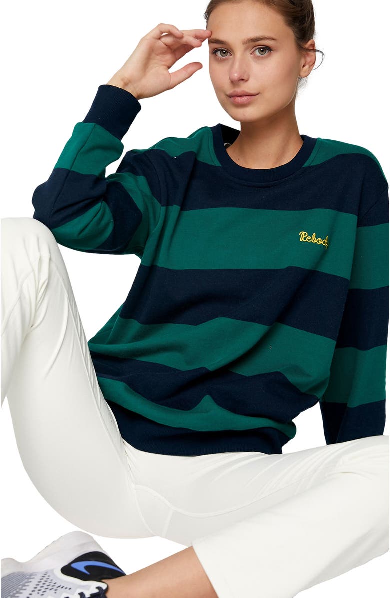 Rebody Active Embroidered Rebody Rugby Striped Sweatshirt Sustainable, Alternate, color, 
