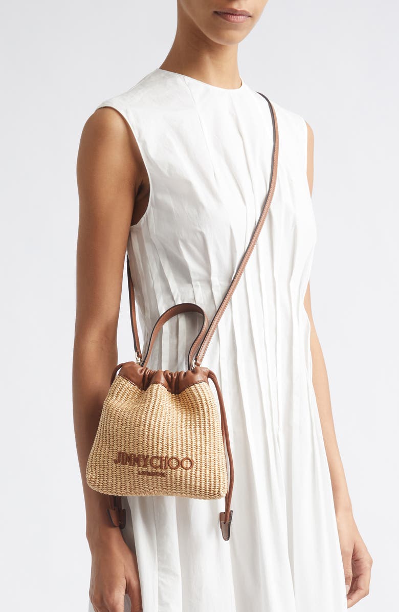 Jimmy Choo Woven Raffia Top Handle Drawstring Pouch, Alternate, color, Natural/ Tan/ Light Gold