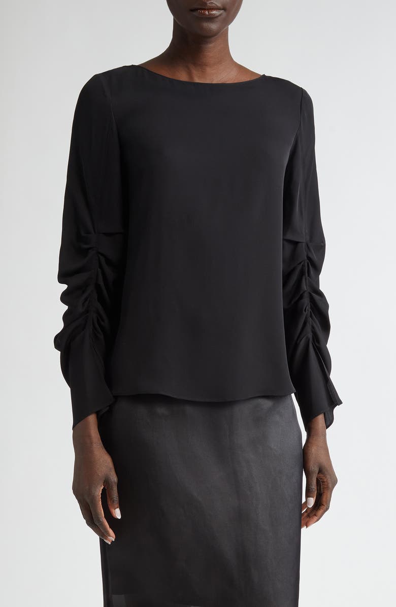 Lafayette 148 New York Ruched Sleeve Silk Crepe Top, Main, color, 