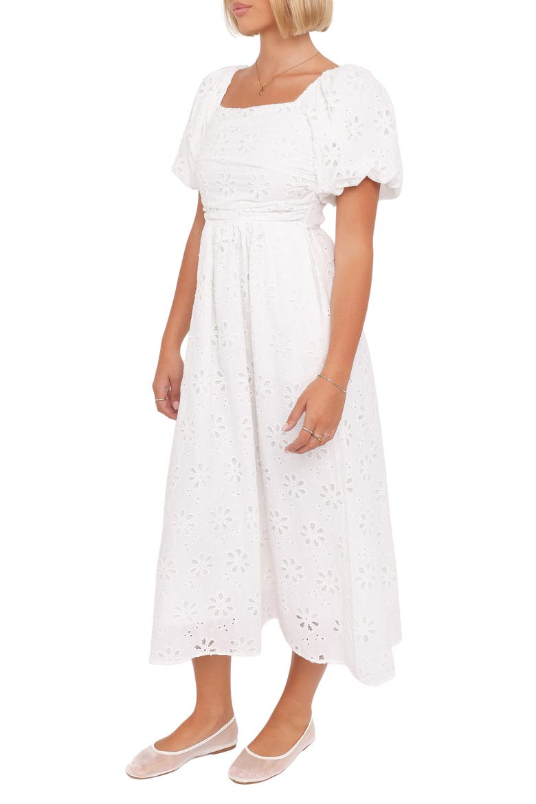 Clo Floral Eyelet Puff Sleeve Cotton Midi Dress, Alternate, color, WHITE BRODERIE