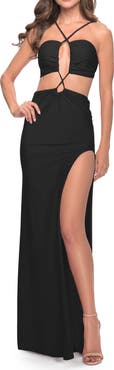 La Femme Unique Jersey Gown with Front Cut Outs and Criss Cross Straps
