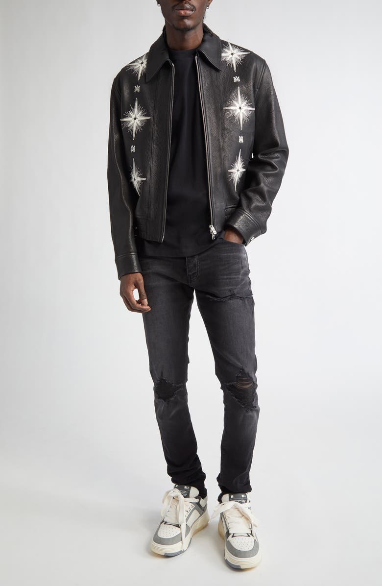 AMIRI Starburst Appliqué Leather Bomber Jacket, Alternate, color, 