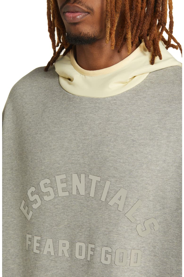 Essentials Logo Oversize Fleece & Nylon Hoodie, Alternate, color, DARK HEATHER OATMEAL/YELLOW