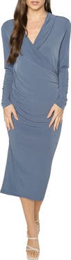 matty m. Leo Long Sleeve Draped Faux Wrap Midi Dress