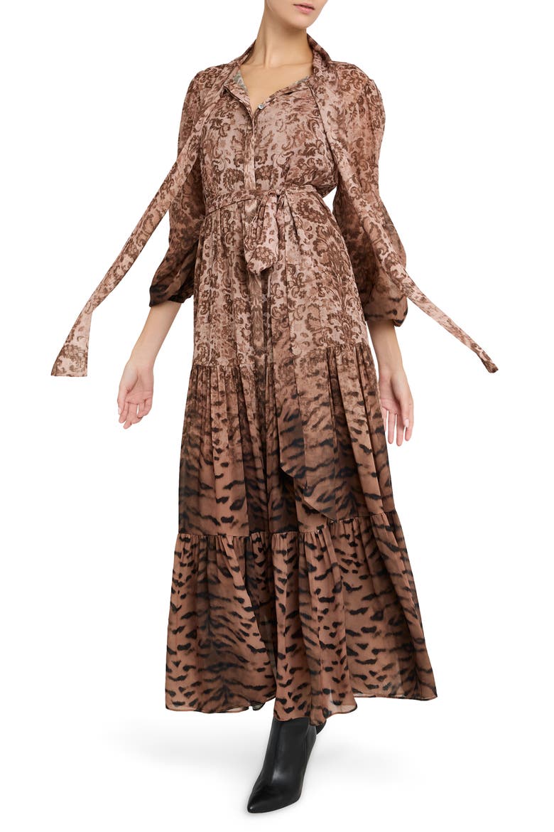 Oak Print Long Sleeve Maxi Dress, Main, color, NATURAL MULTI