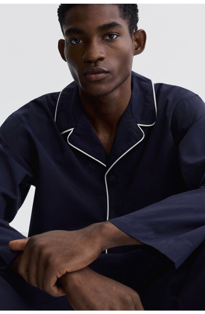 H&M Cotton Pyjama Shirt And Bottoms, Alternate, color, Navy Blue