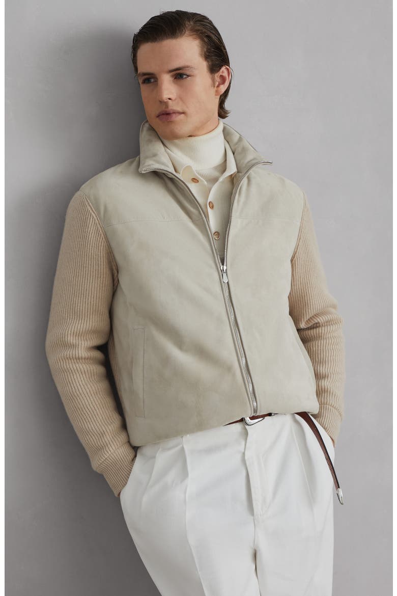 Suede bomber jacket with quilting, Alternate, color, Natural