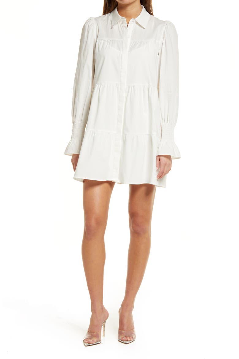 Canossa Tiered Long Sleeve Stretch Cotton Shirtdress, Main, color, IVORY