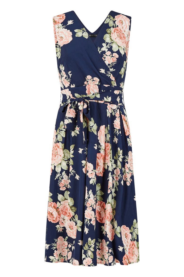 Floral Rose Wrap Over Sleeveless Dress, Alternate, color, Navy