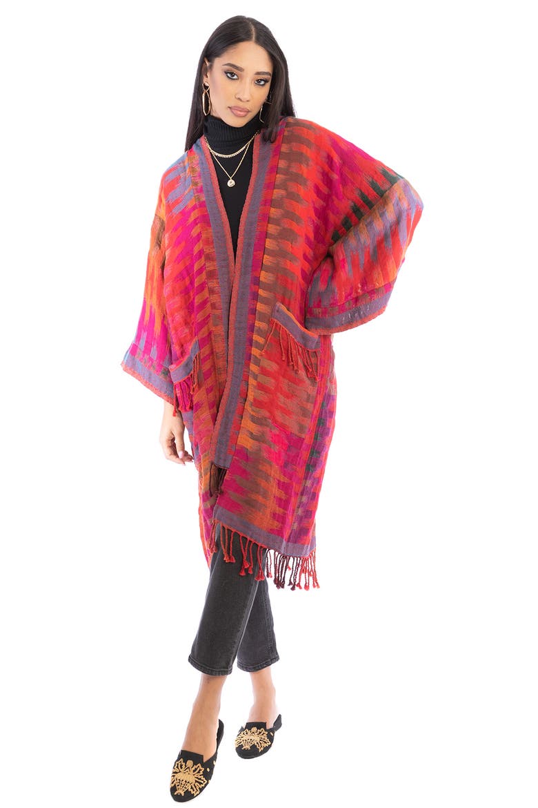 Gradient Stripe Fringe Trim Ruana, Alternate, color, RED