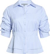 Wit & Wisdom Pinstripe Button-Up Tiered Peplum Shirt