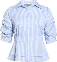 Wit & Wisdom Pinstripe Button-Up Tiered Peplum Shirt