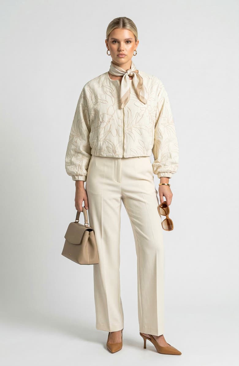 Knit & Lounge Long Sleeve Cropped Jacket with Zip Front and Embroidered Texture, Alternate, color, Beige